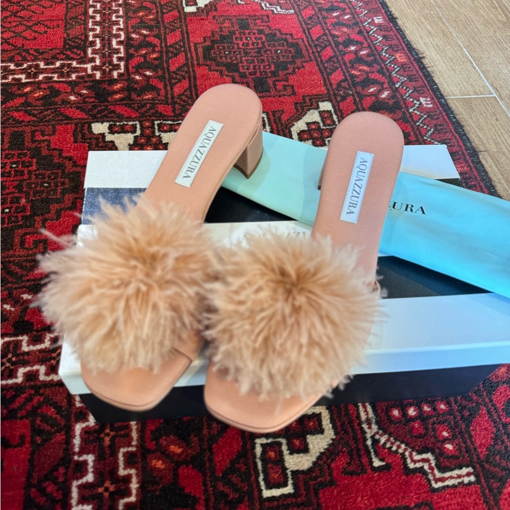 NEW NIB AQUAZZURA Boudoir 30mm Feather-trim Sandals In Rosa 37.5 - Picture 6 of 7